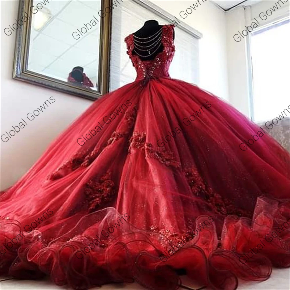 Luxo borgonha querida vestidos de baile quinceanera frisado flores 3d formal formatura vestidos doce 15 16 vestido robe