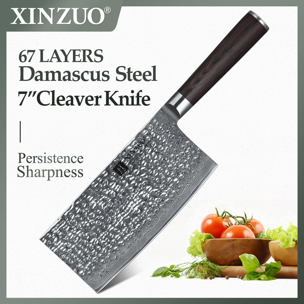 

XINZUO 7'' inch Butchers Cleaver Kitchen Knife 67 Layer Damascus Stainless Steel Chinese Chopper Knives with Pakka Wood Handle