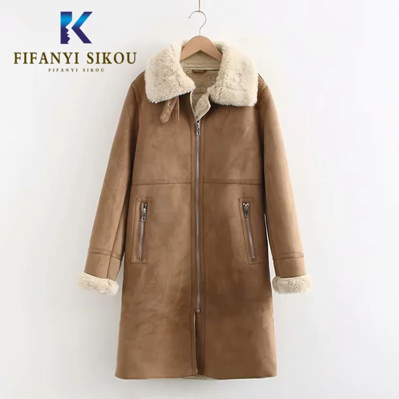 Winter Women Faux Suede Leather Jacket Fashion Lapel Long Fur Coat Thick Warm Faux Lambs Wool Fur Jacket Loose Overcoat Female