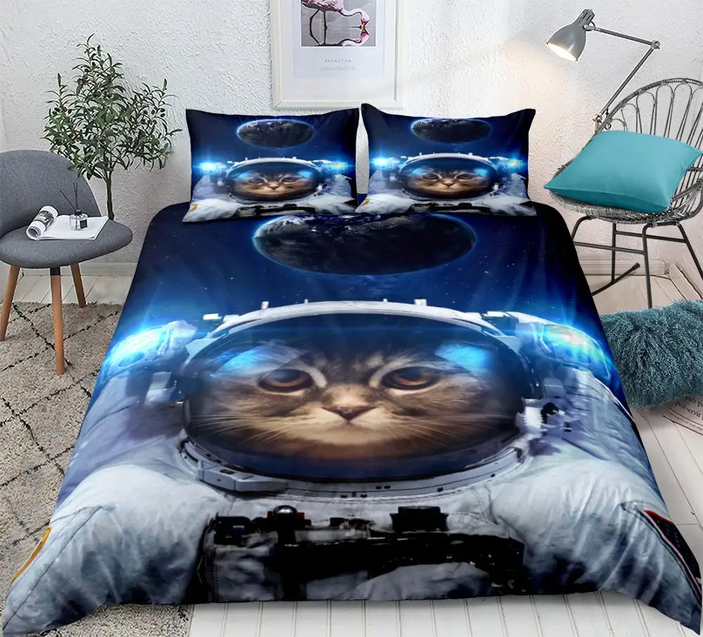 

3D Space Cat Bedding Astronaut Cat Duvet Cover Set Teens Kids Galaxy Bedding Set Star Universe Quilt Cover King Bed Set Dropship