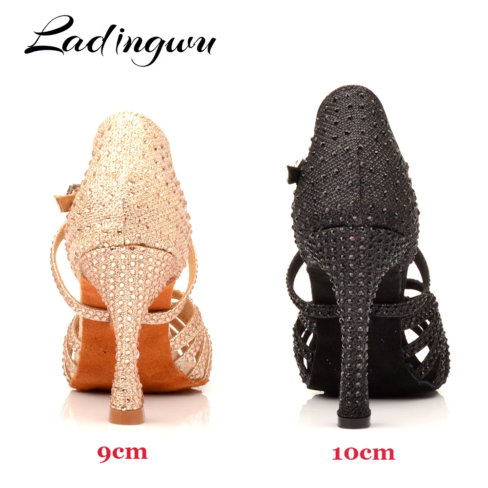 Ladingwu sepatu dansa Latin Gold Glitter Rhinestones sepatu dansa wanita sepatu lembut Salsa sepatu hak tinggi