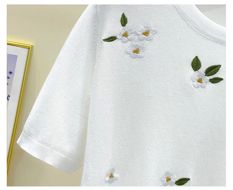 M-4X size embroidery women sweater pullover 2021 short sleeve o neck flower kintting female whine t-shirt thin jumper