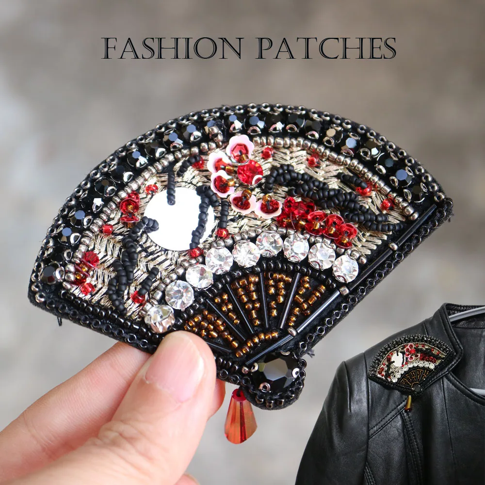 

DIY Fan beaded embroidered Patches for Clothing sew on rhinestone fan parches Appliques Decoration Badge parche