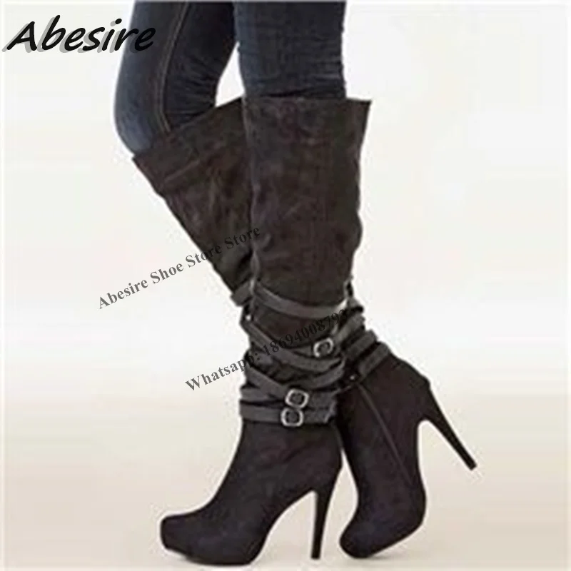 

Abesire Long Boots Black Suede Platform Buckle Decor Thin High Heel Round Toe Knee High Solid New Autumn Winter Big Size Shoes