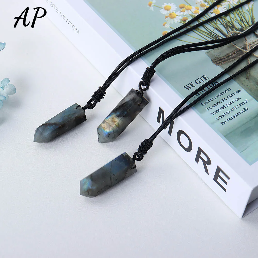 1Pc Natural Crystal Moonstone Column Magic Wand Labradorite Crystal Pendant Necklace Jewelry Pendant Gift