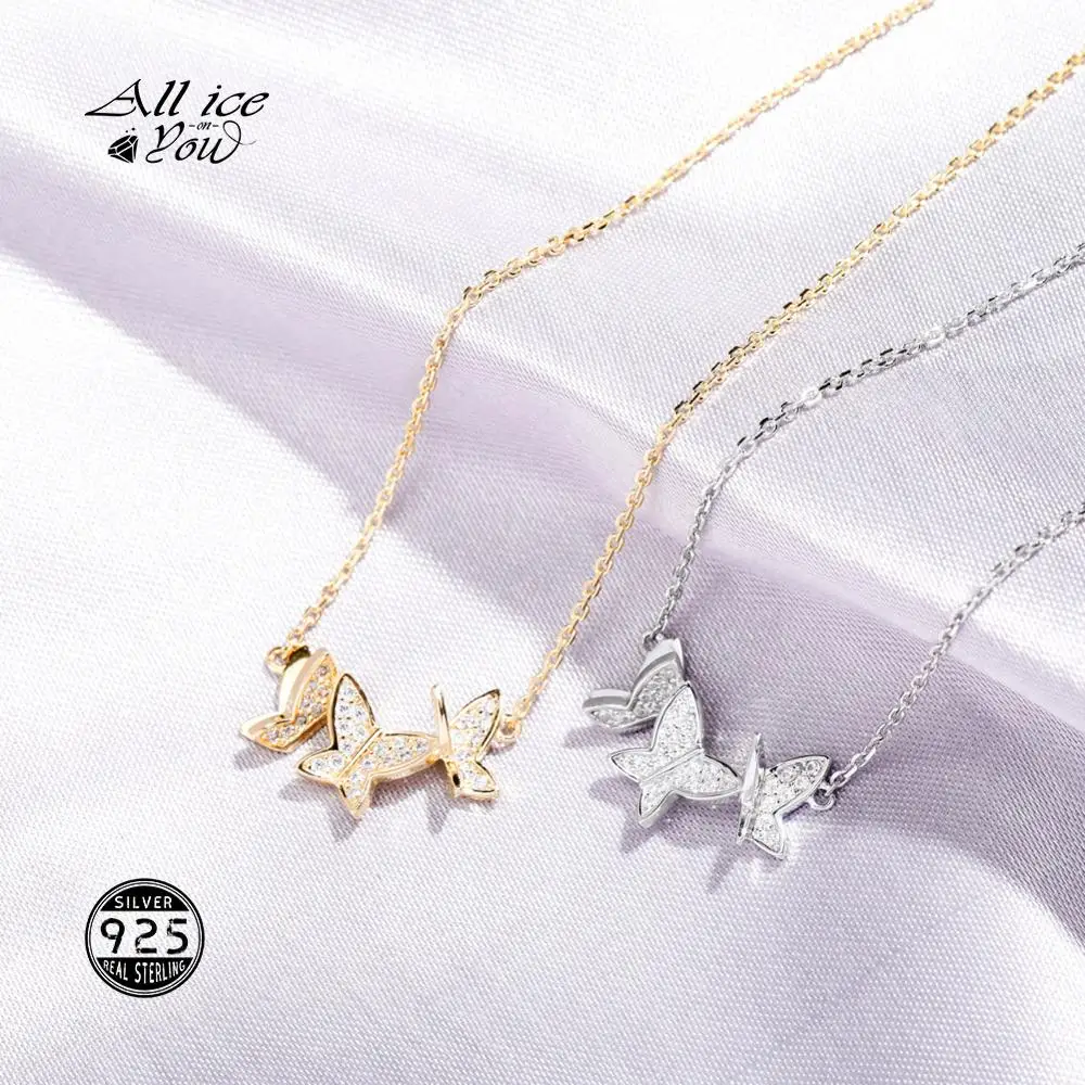 ALLICEONYOU New 925 Sterling Silver High Quality Iced Out Cubic Zirconia Butterfly Pendant&Necklace Hip Hop Fashion Jewelry Gift