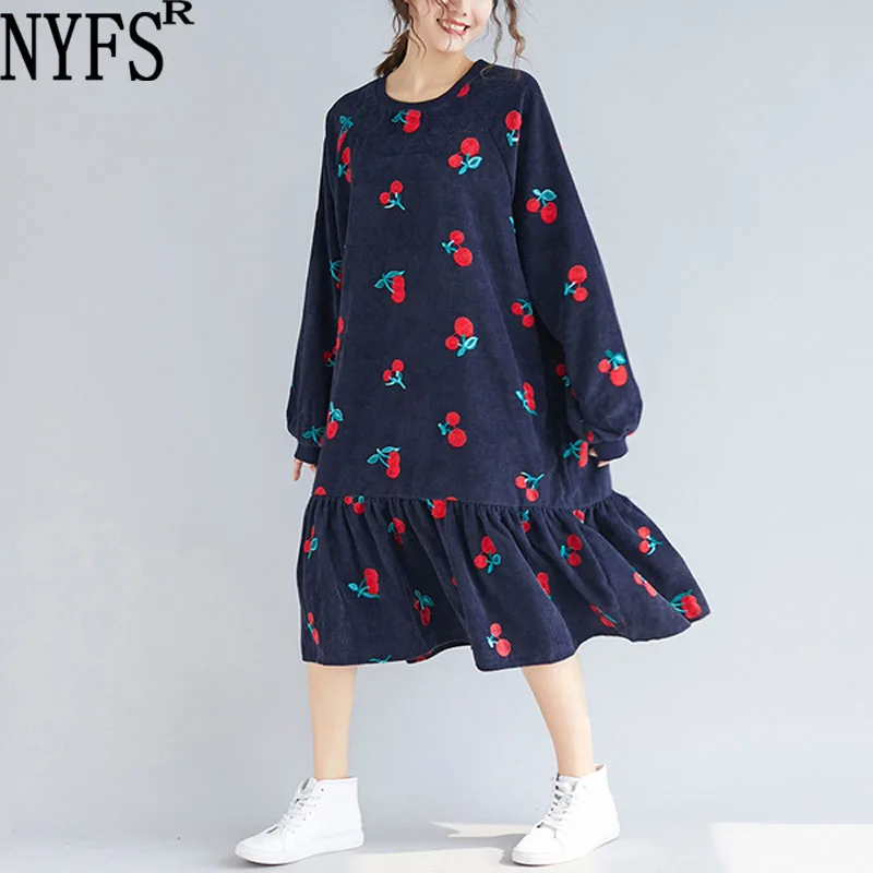 

NYFS 2024 Autumn New Korea Loose Large Size Corduroy Embroidery Woman Dress Vestidos Robe Elbise Fashion Ruffle Long Dress