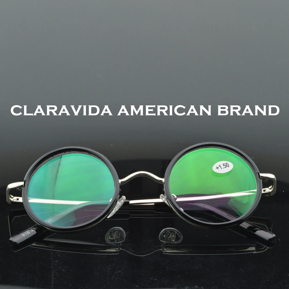 Gafas de lectura redondas de lujo Retro de alta calidad, montura de Metal con funda de PU, CLARAVIDA para caballeros de la marca americana + 0,75 ~