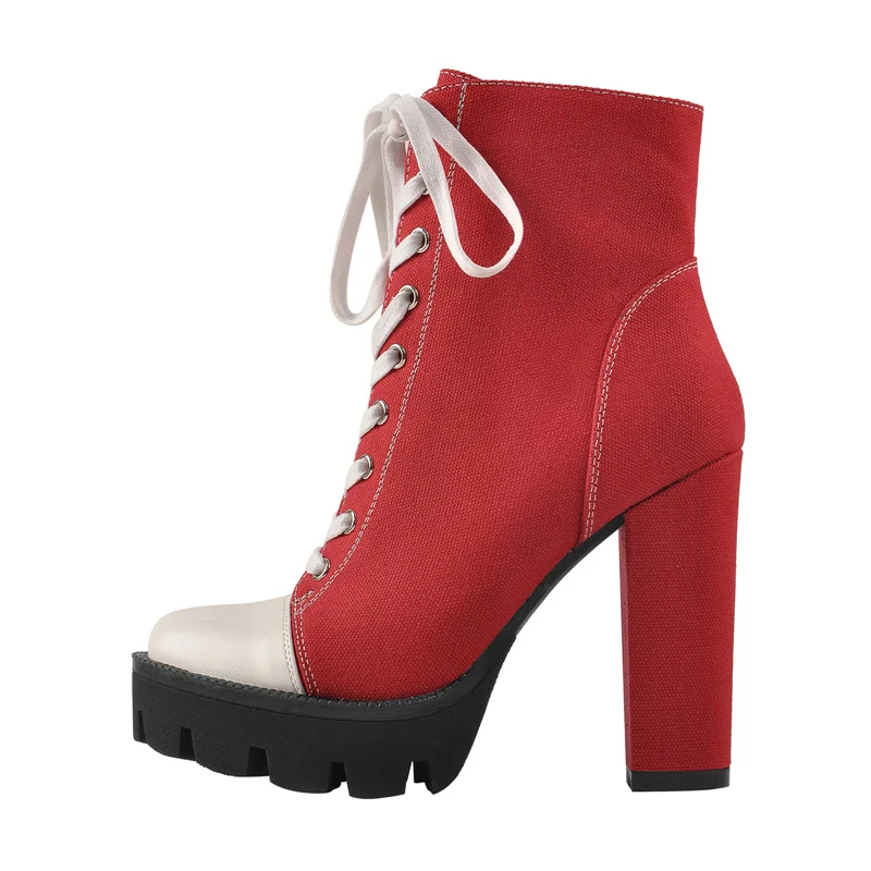 Onlymaker Platform Sports Sneaker Red Ankle Boots Patchwork Chunky High Heel Lace-Up Canvas Pumps Side Zipper Boots