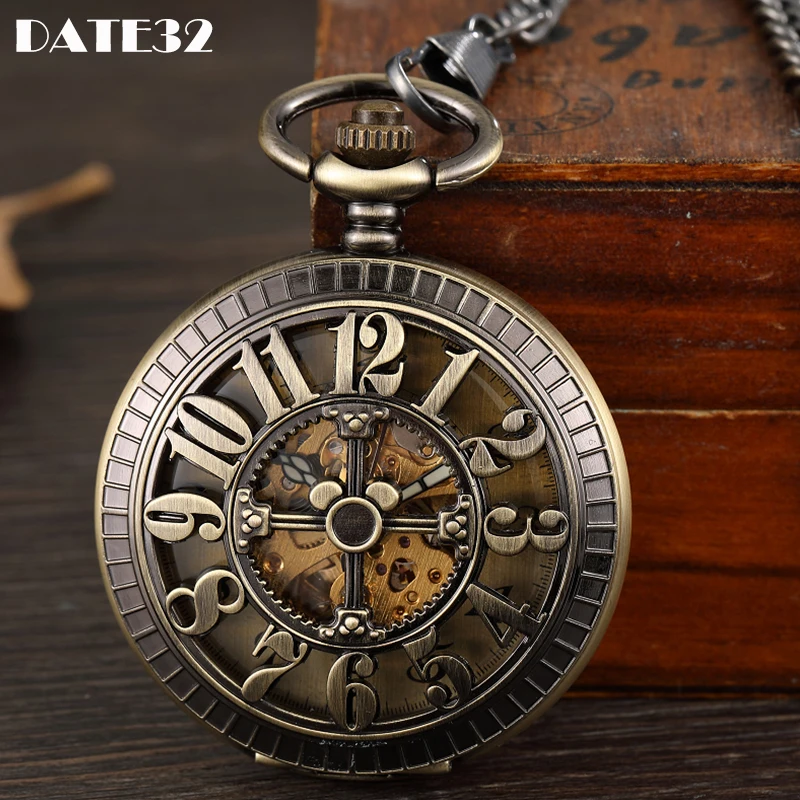 

Big Number Mechanical Pocket Watch Antique Skeleton Dial Fob Chain Hollow Case Hanging Clock with Gift Box for Men Dropshipping