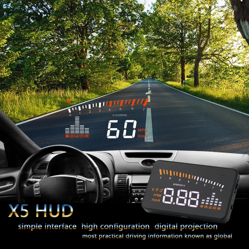 

HD OBD2 Head Up Display Speedometer Gauge Tachometer Fuel Level Driving Time with Alarm Windshield Projector Reflection Mode X5