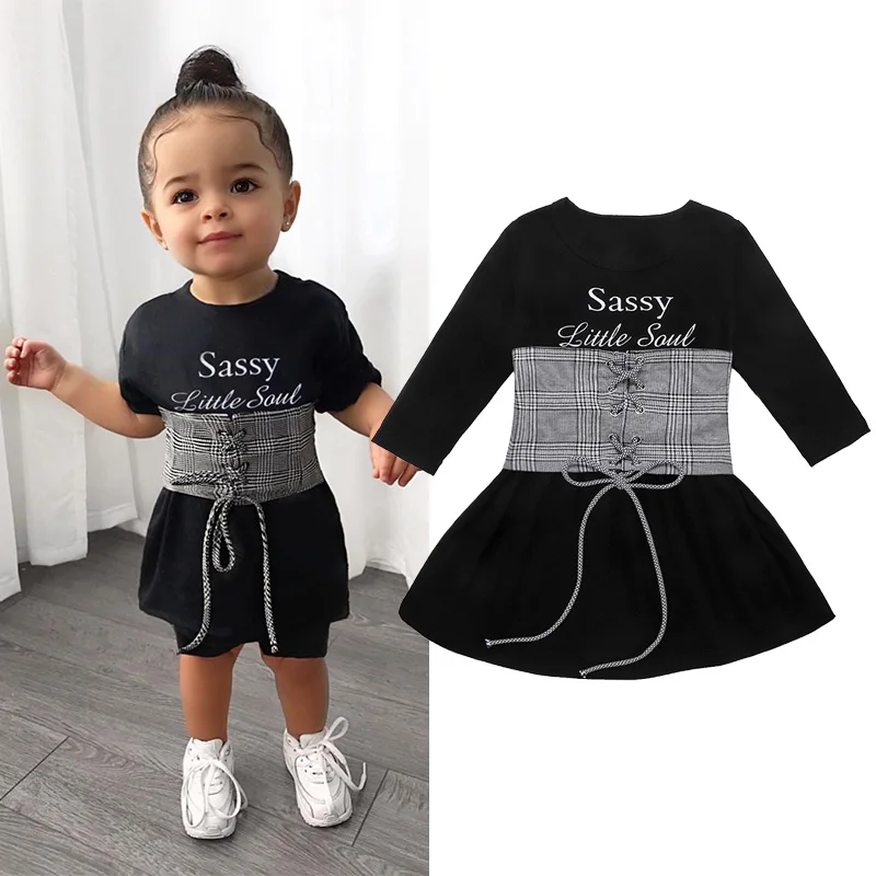 

2-7Y Kids Dress For Girls Summer Spring Letter Printed Dress Plaid Waist Belt Fashion Children's Baby Girl Clothing Party Dress