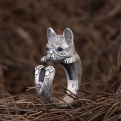 Cute Blue Eyes Bulldog Ring Animal Pet Cat Dog Silver Color Rings Women Men Fashion Simplicity Jewelry Gift Resizable