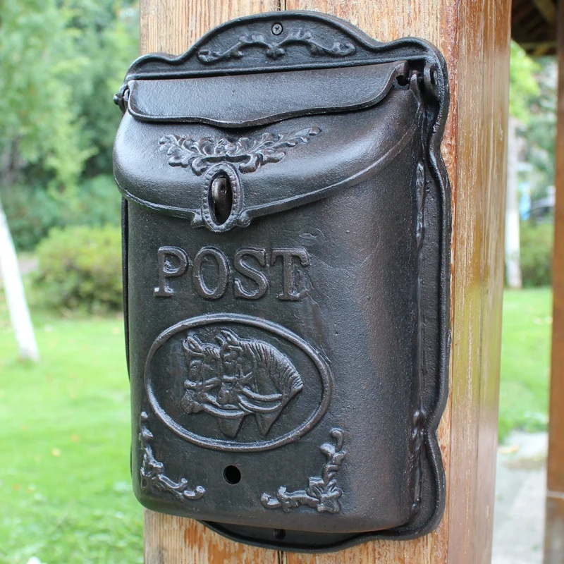 Vintage Black Large Wall Cast Iron Mailbox Horse Head Design European Home Garden Decor Heavy Iron Wall Hanging Mounted Post Box