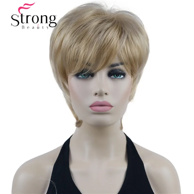 StrongBeauty peluca corta de capas rubia resaltada Shag gorra clásica peluca sintética completa pelucas de mujer opciones de color