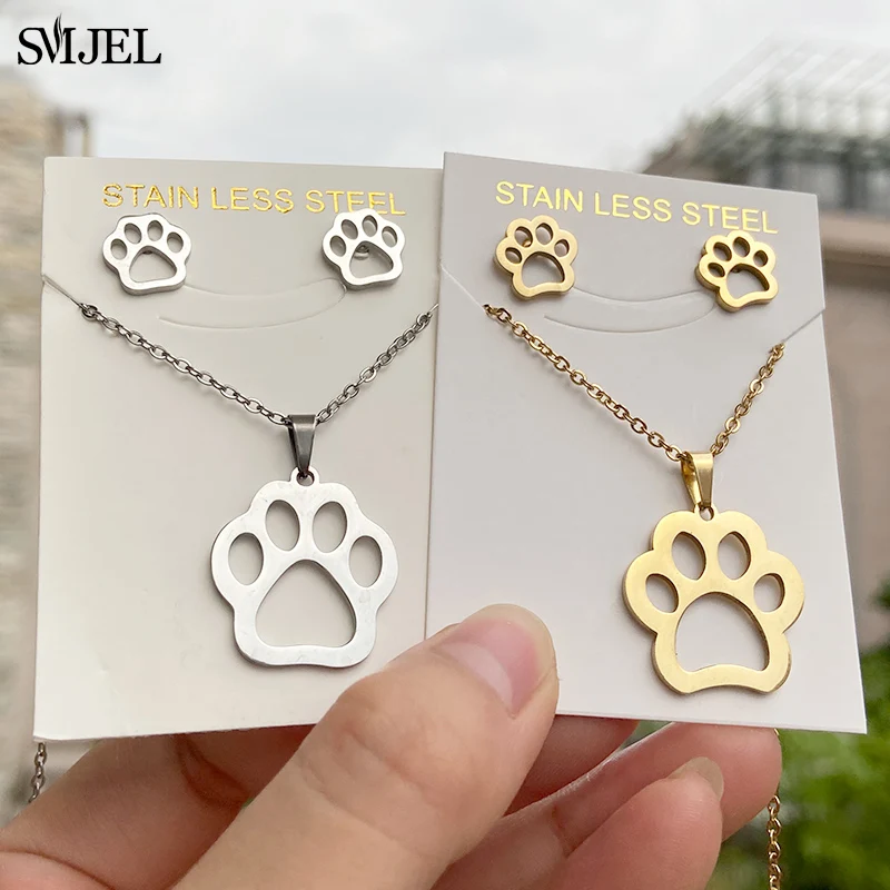 Stainless Steel Paw Necklace Earring for Women Simple Hollow Dog Paw Jewelry Sets Cute Cat Pendant Nekclaces 2023 Birthday Gift