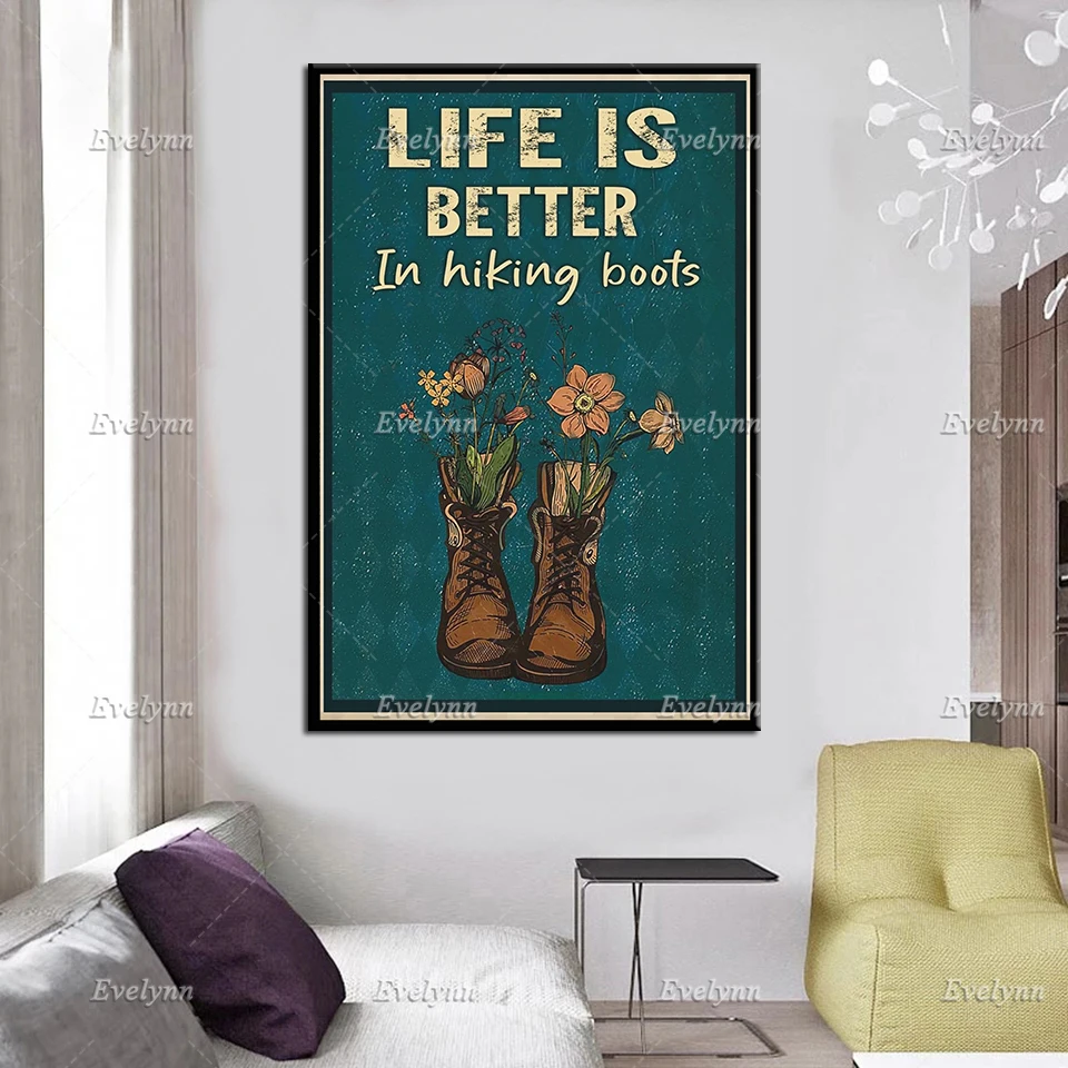 Life Is Better In Hiking Boots Vintage Poster, Hiking Wall Art, Hiking Lover Prints, Hiking Boots Canvas, Adventure Home Decor