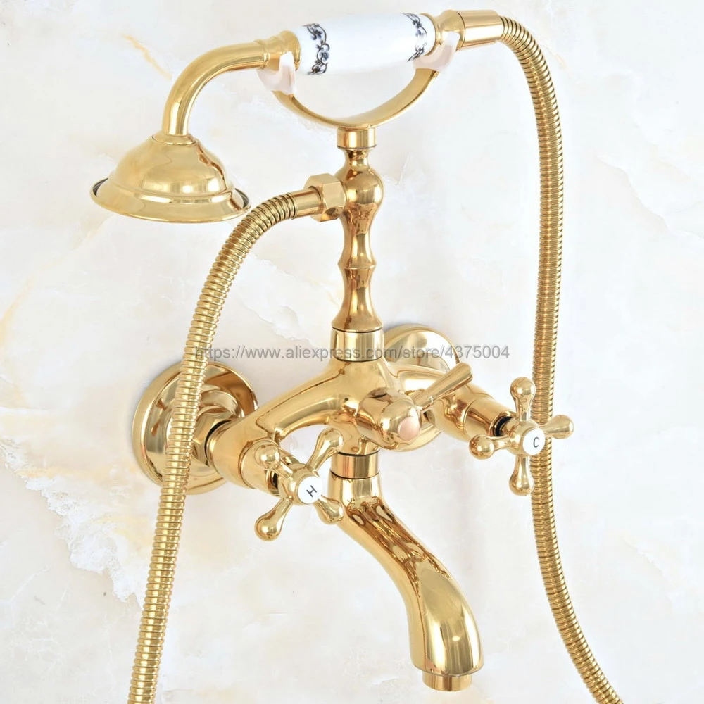 Luxury Gold Color Brass Dual Handles Brass Bathtub Faucet Set Wall Mount with Handshower Bath Shower Mixer Taps Nna807