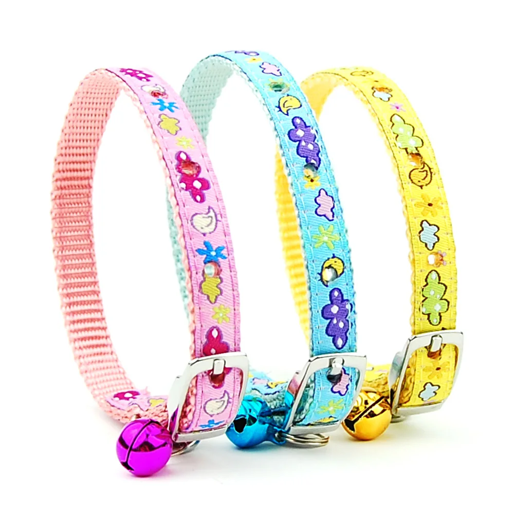 Dog Collar Pet Adjustable Waistbrand Style Nylon Embroidered Cat Collar with Bell Puppy Necklace for Cat Small dogs Pet Supplies