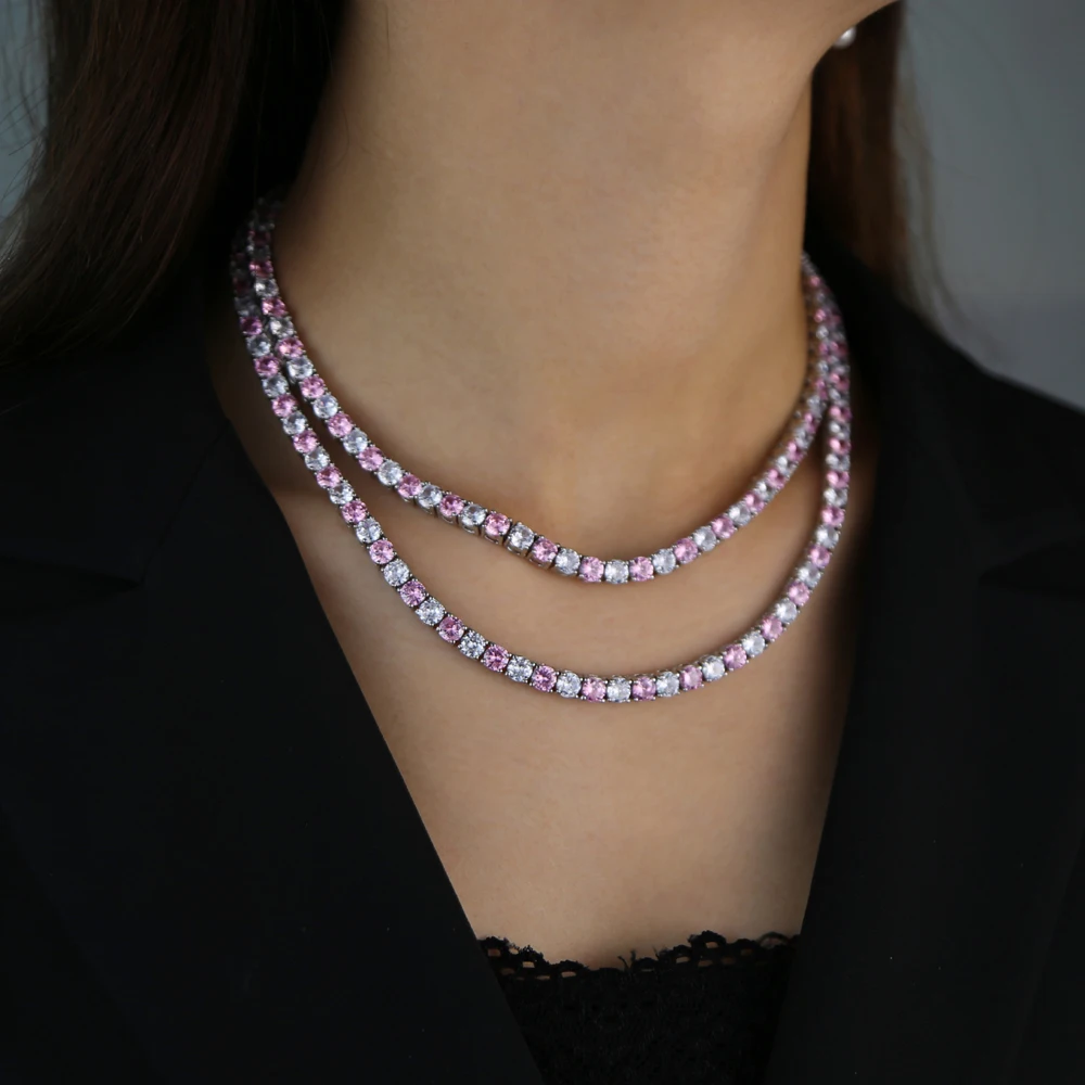 2025 Luksusowa nowa moda Iced Out Bling Big Carat Round Cut White Pink Cz Tennis Charm Choker Naszyjniki dla kobiet Biżuteria ślubna — zdjęcie 5
