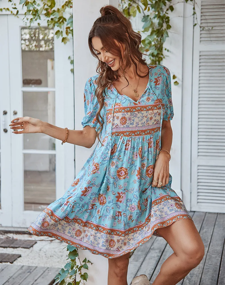 Khalee Yose Boho Bloemen Gedrukt Mini Jurk Bohemain Vintage Zomer Chic Vrouwen Jurken Ruches V-hals Sexy Vakantie Dames Jurk