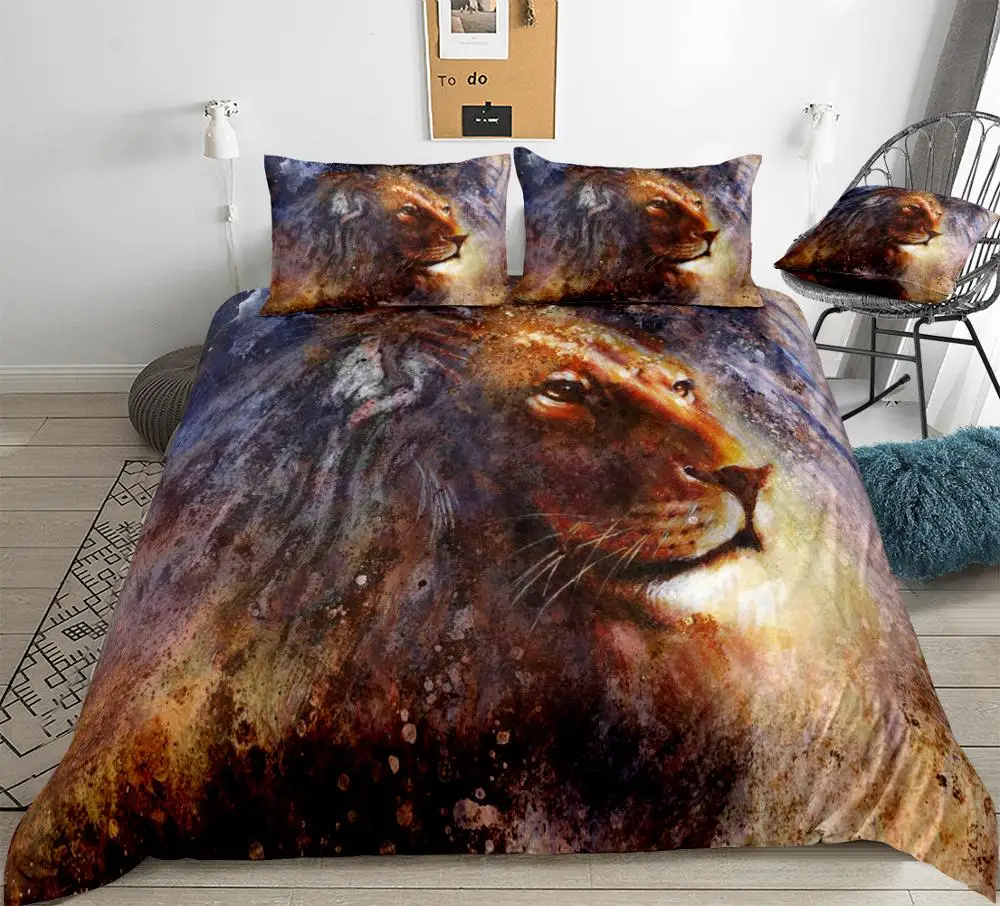 Lion Duvet Cover Set Animal Bedding Set Wild Lion Bed Linen Kids Home Textile Wild Life Bedclothe Fire Bedding Set Black Bed Set