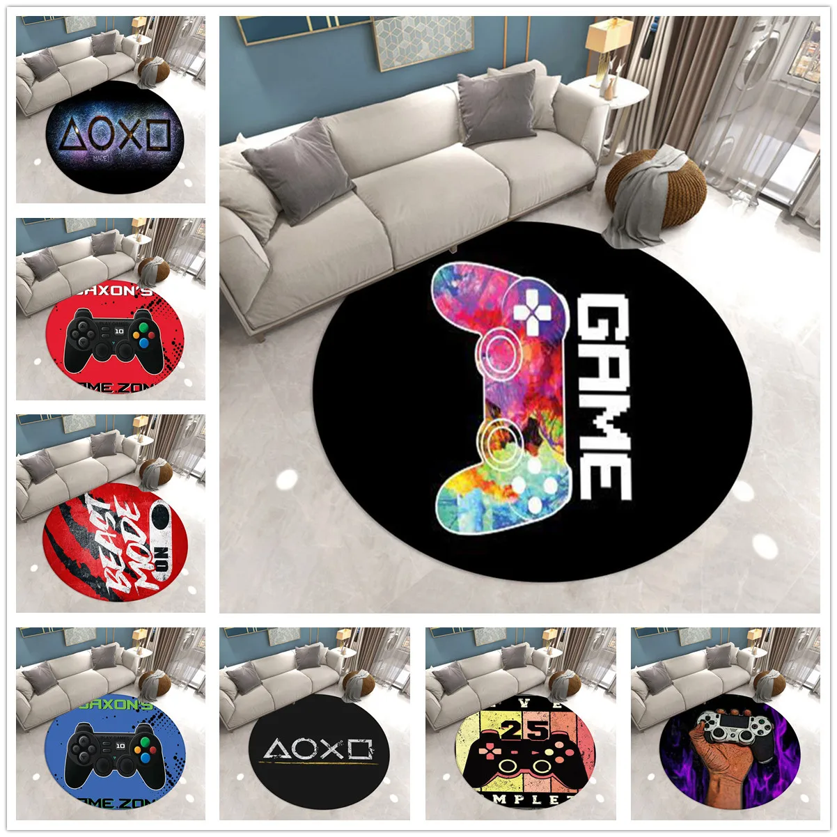 

Gamer Living Room Area Rug Round Boys Bedroom Carpet Chair Mat Anit-Slip Game Console Bathroom Floor Rug Doormat Entrance