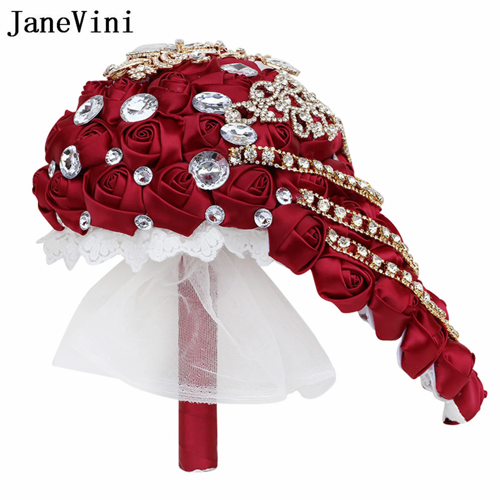 JaneVini Luxury Waterfall Burgundy Bridal Bouquets Flowers Handmade Satin Roses Crystal Wedding Bouquet Ramo Flores Artificiales