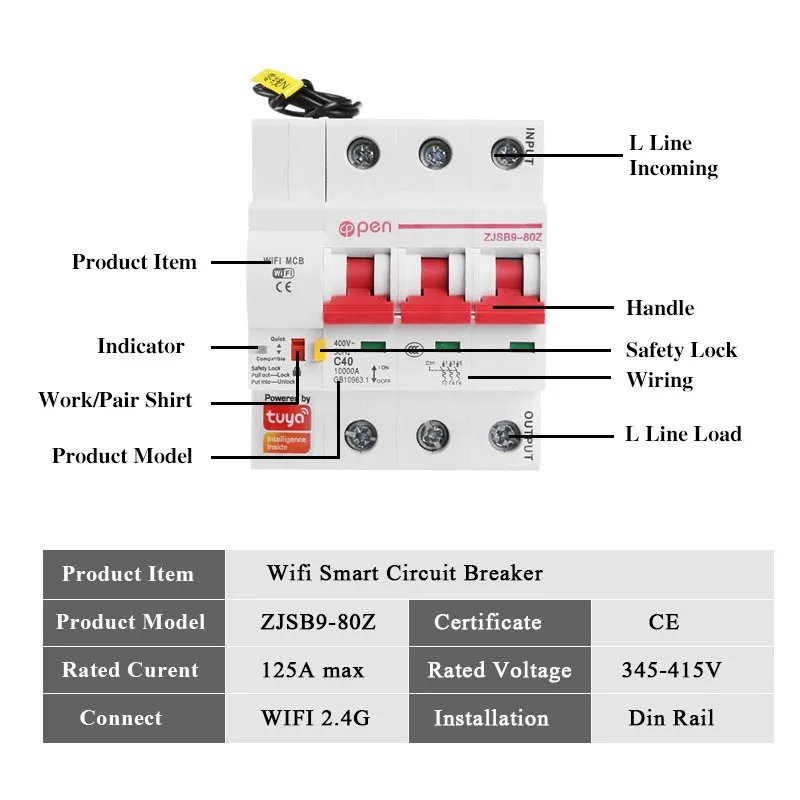 OPEN  Tuya(smart home) 3P WiFi Circuit Breaker Remote control overload short circuit protection Amazon Alexa Google home for Sma
