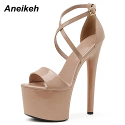 Aneikeh Summer Fashion Platform Cross-Tied PU Modern Sandalias Peep Toe Thin Heels Sandals Women 2024 Classics Rome Solid Black