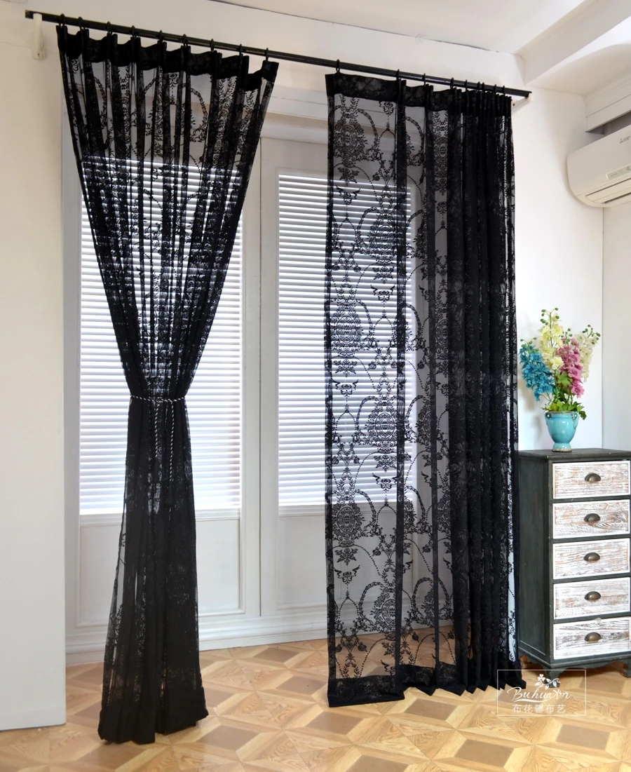 

European Solid Black Sheer Curtains for Bedroom Living Room Premium Black Lace Curtain Drapes Home Decoration Background Fabrics