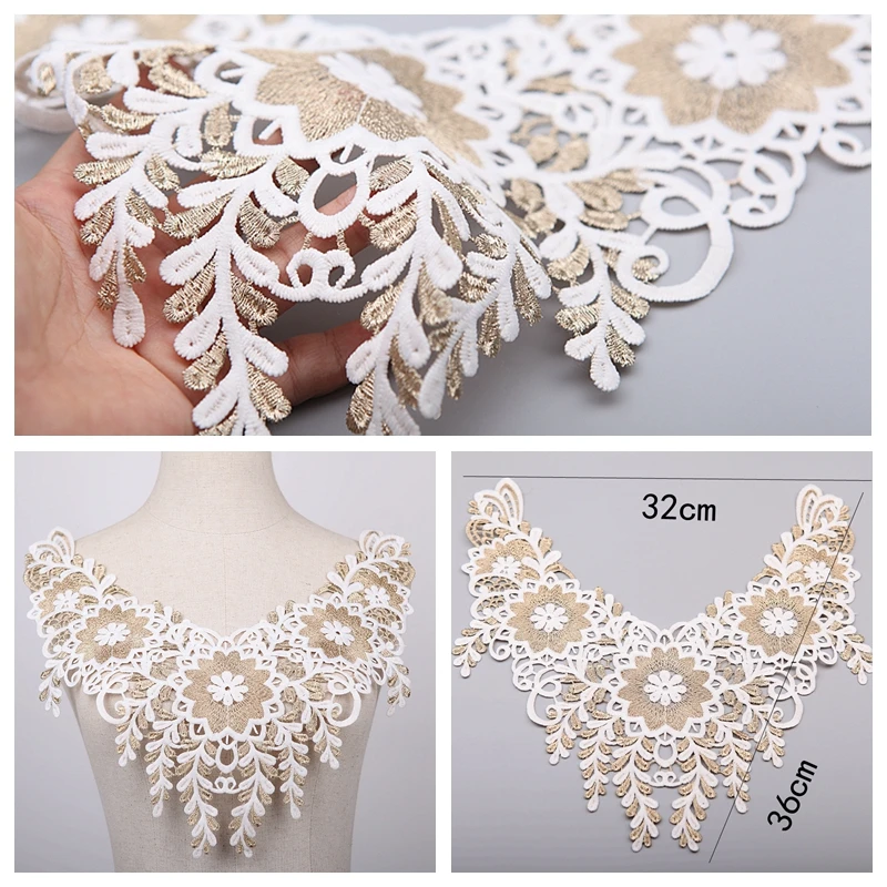 1Pc Gold White Lace Fabric Flower Lace Neckline Collar Embroidery Lace Trimming DIY Applique Sewing Lace Fabric