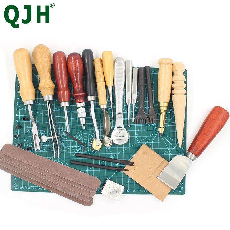 23pcs Leather Punching Fabric Spacing Wheel V-shape Groover Tool Straight Awl Thinning Knife with Blades DIY Leather Craft Tool