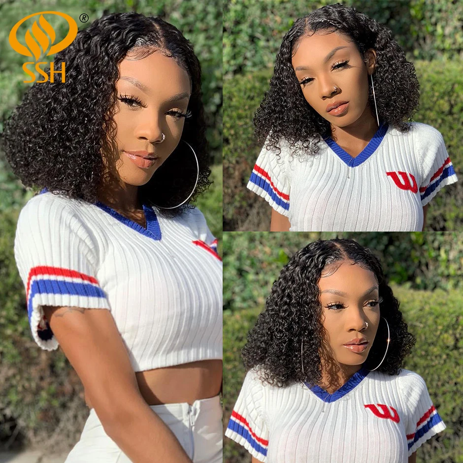 SSH T Lace Part 150% Density Brazilian Remy Short Bob Curly Human Hair Wigs For Black Women middle Part