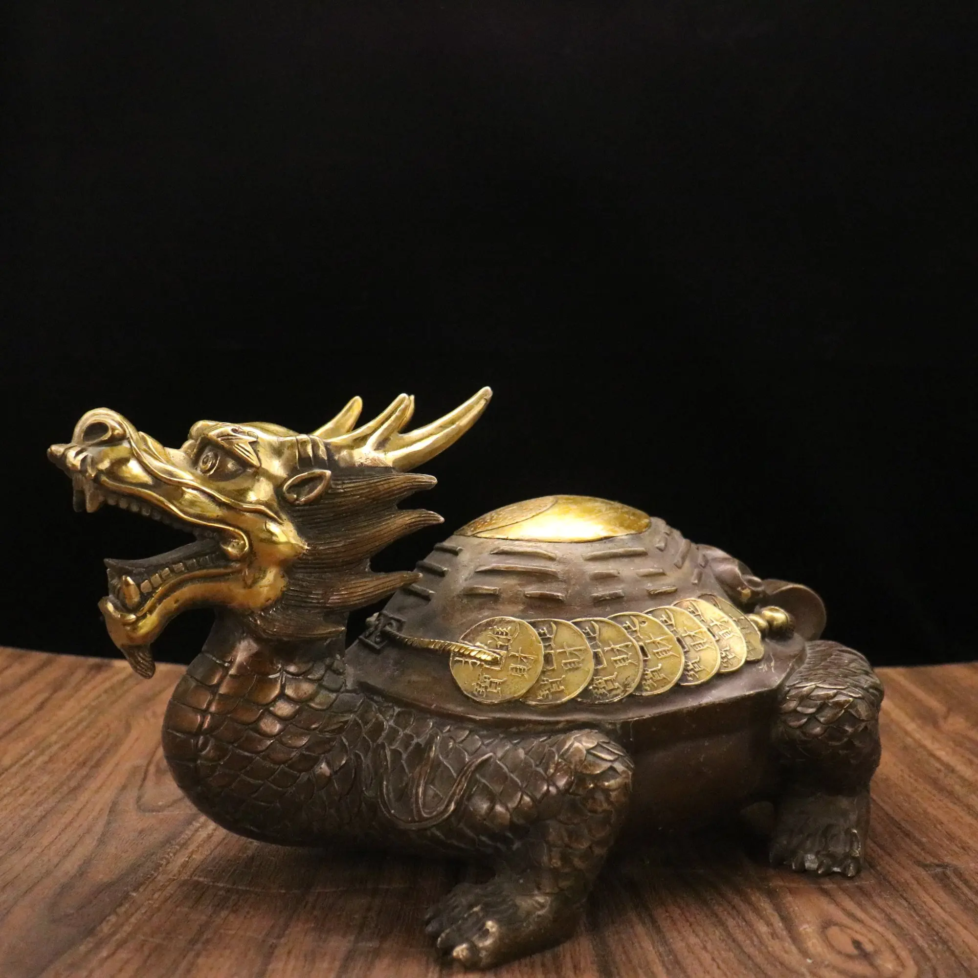 

15"Tibetan Temple Collection Old Brass Gilded Yuanbao Coins Dragon Turtle statue Lucky Gather wealth Ornaments Town House