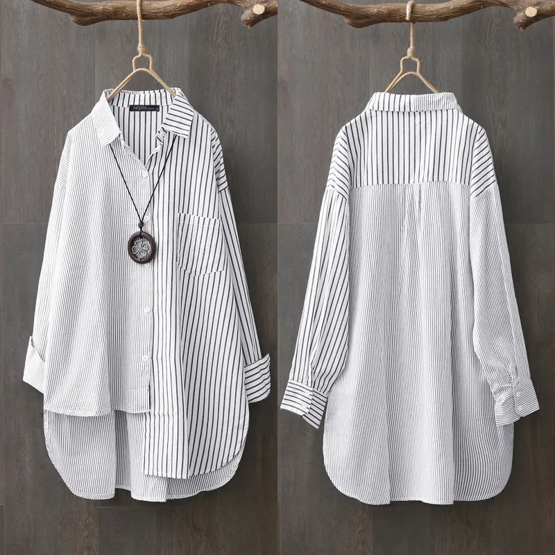 Oversized Women\'s Asymmetrical Shirts ZANZEA 2023 Elegant Striped Tops Casual Long Sleeve Blusas Female Button Stiching Tunic