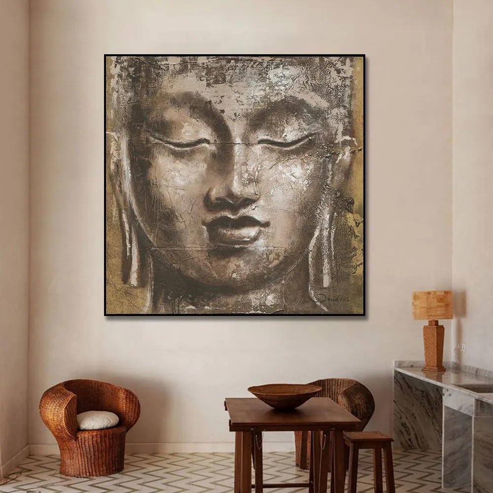 100% Handpainted by Artist Canvas Painting Wall Art Religion Picture Abstract Buddha Head Oil Painting For Home Decoration