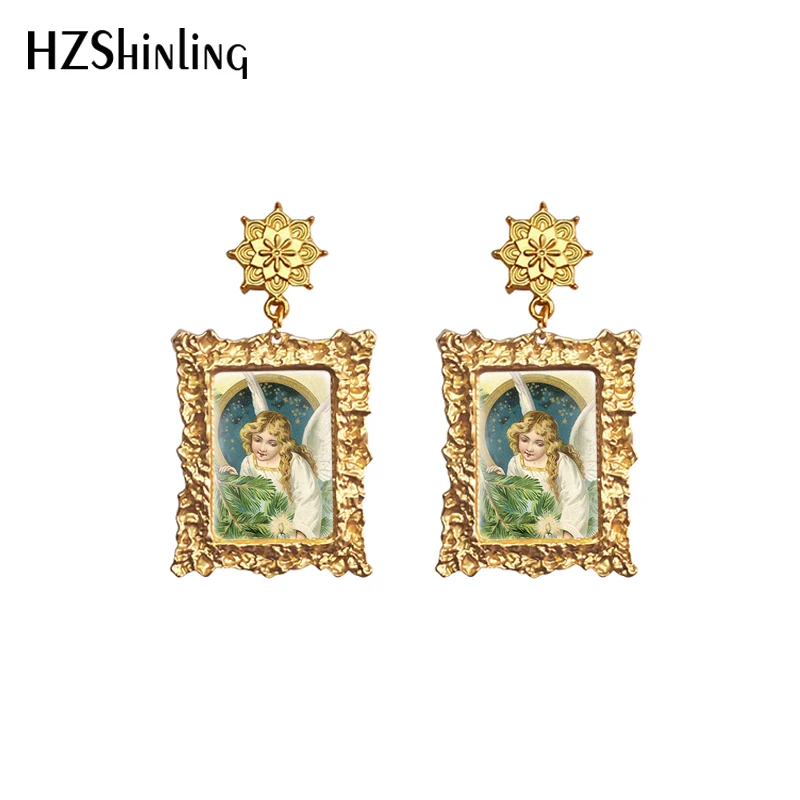 2020 New Vintage Angel Earring Fairy Beauty Drop Earrings Retro Mandala Charm Square Glass Cabochon Jewelry