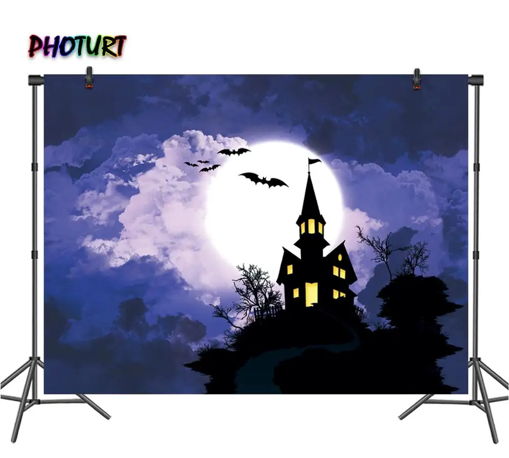 PHOTURT Halloween Backdrop Festival Decorate Background Full Moon Dark Castle Bat Vinyl Photo Banner Photography Props