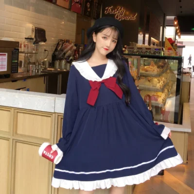 Robe gothique lolita op loli pour fille, kawaii, style collège japonais, douce, col marin, manches évasées, robe victorienne à nœud papillon