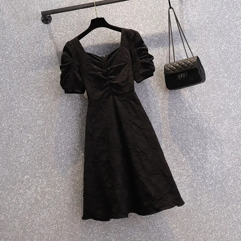 Black White Square Neck Retro Bubble Sleeve Dress Women 2021 Summer Evening Dress Lady Dinner Party Dress Autumn Bottomed Dress