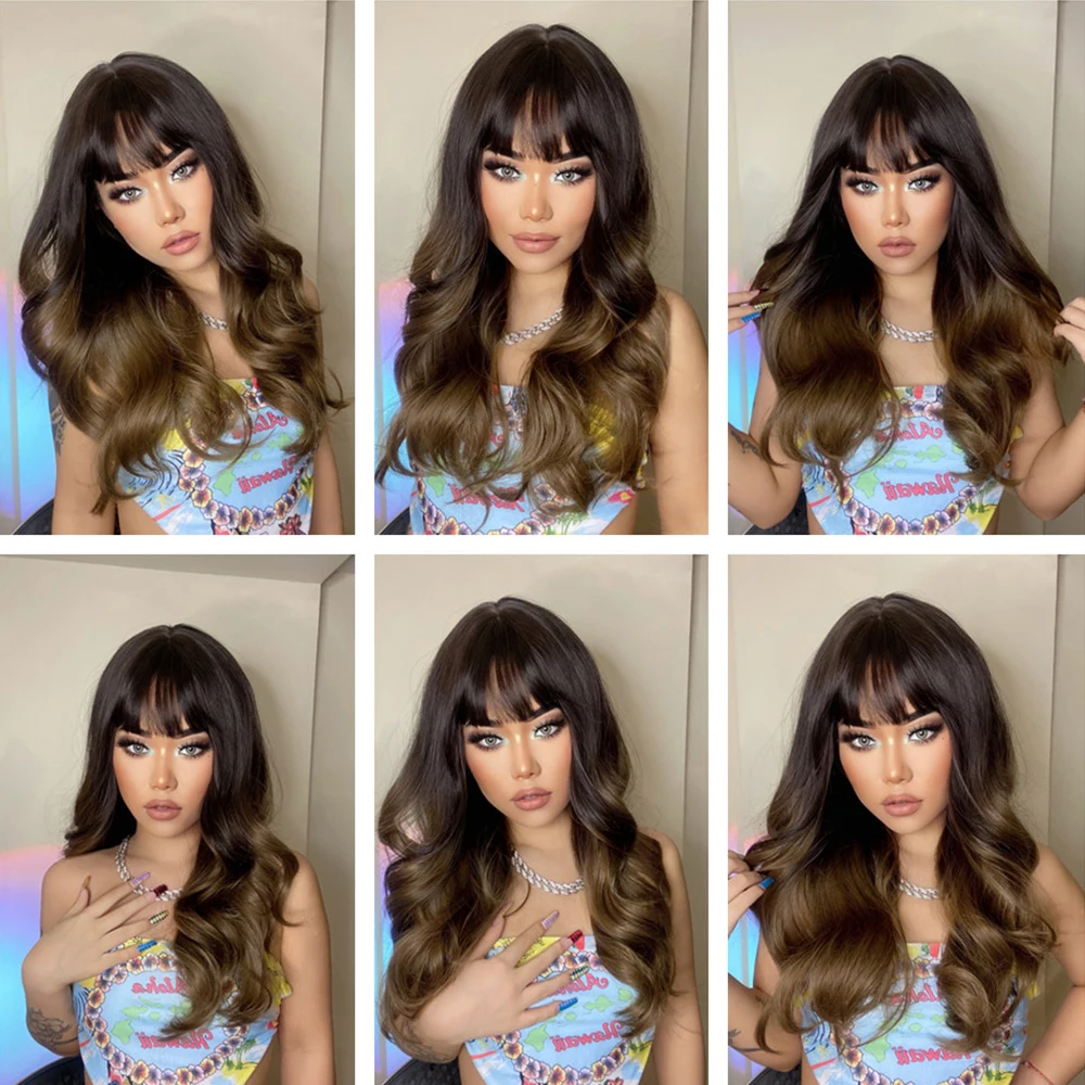EASIHAIR Long Brown Ombre Synthetic Wigs for Black Women Water Wave Women\'s Wigs with Bangs Heat Resistant African American Hair
