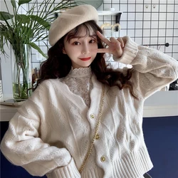 2020 spring new Korean sweet wave pattern V-neck knitted jacket + wild stand-up collar long-sleeved lace shirt women