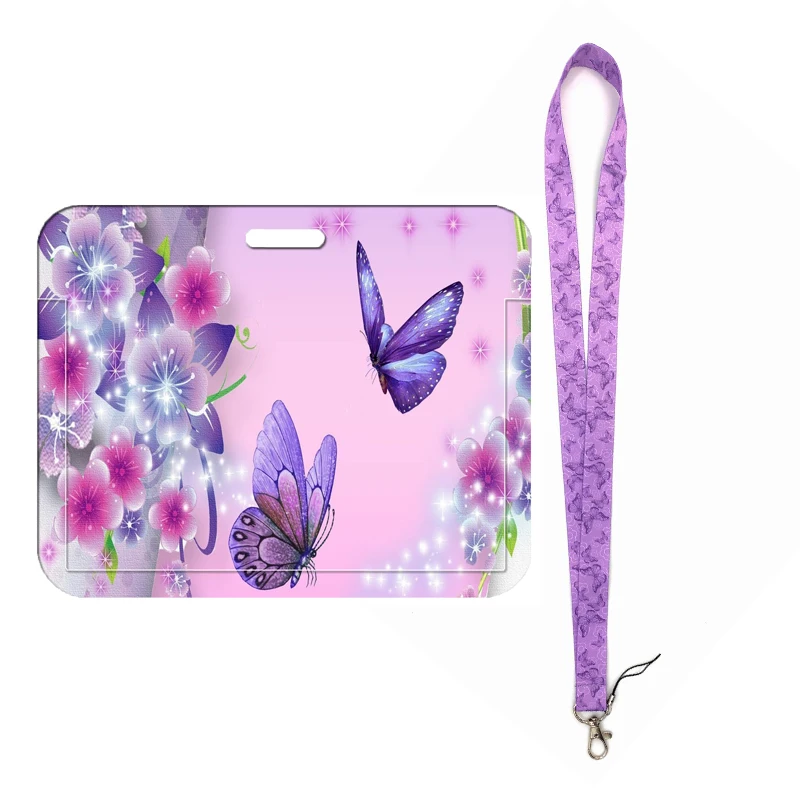 Beautiful Butterfly Leopard Print Bank Card Holder Women ID Card Cover Girls Badge Holders with Lanyard Necktie Wholesale Custom