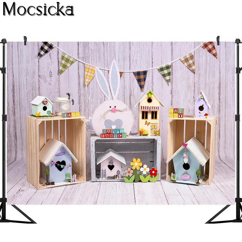 Fondos de fotografía de huevos de Pascua de primavera, decoración de juguete de conejo de flores, utilería para Cumpleaños de Niños, estudio de fotomatón