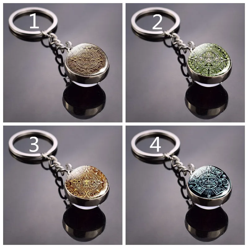 Aztec Jewelry Aztec Calendar Mexican Key Chain Engraved SilverColour Keychain Glass Ball Keyring Mayan Calendar Car Keychain