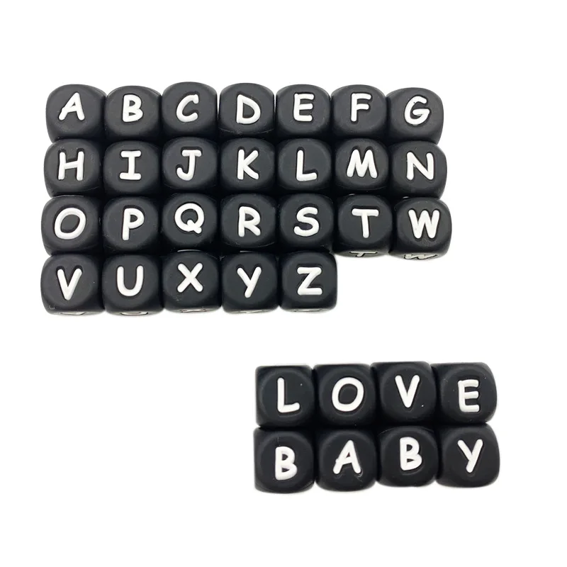 

100pcs/12MM Silicone Black Letter Beads Food Grade Silicone DIY Pacifier Chain Molar Loose Beads Name Custom