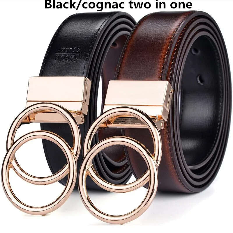 Women Reversible Leather Belt 2 in 1 Rotated 2 Rings Gold Buckle