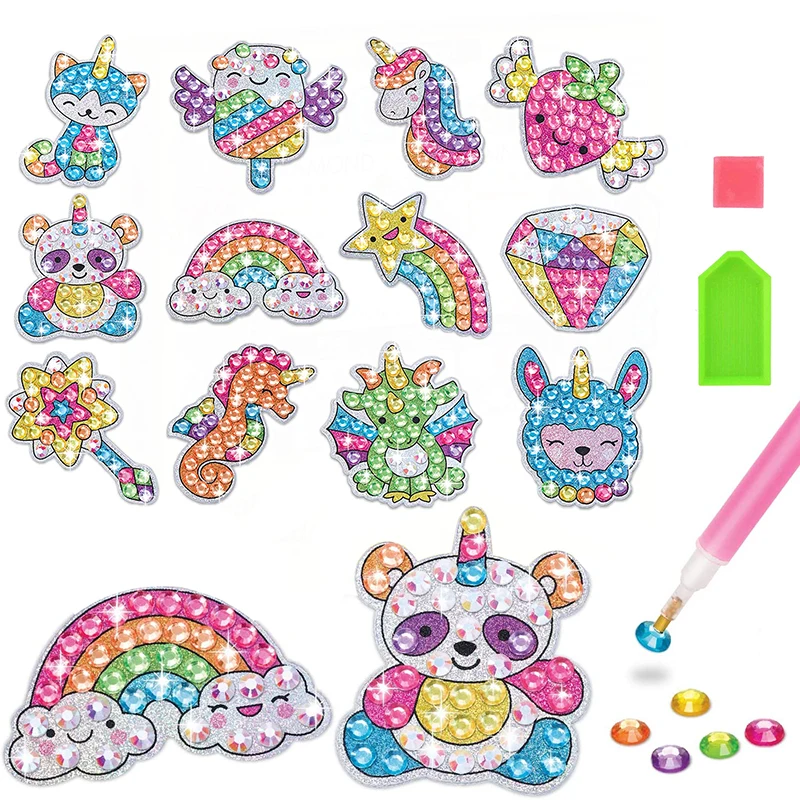 12 Zestaw naklejek do malowania diamentów Big Gem Art Craft Girls Boys Unicorn Animal Sealife Magical Mosaic Dot Sticky Toys Gifts