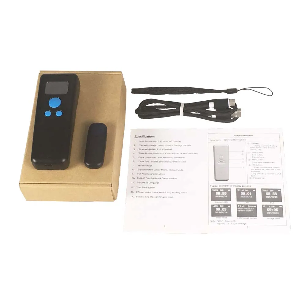 2D Cmos Draagbare Pocket Barcode Reader Draadloze Bluetooth Qr Code Scanner Met Geheugen Outdoor Barcode Scanner Met Display